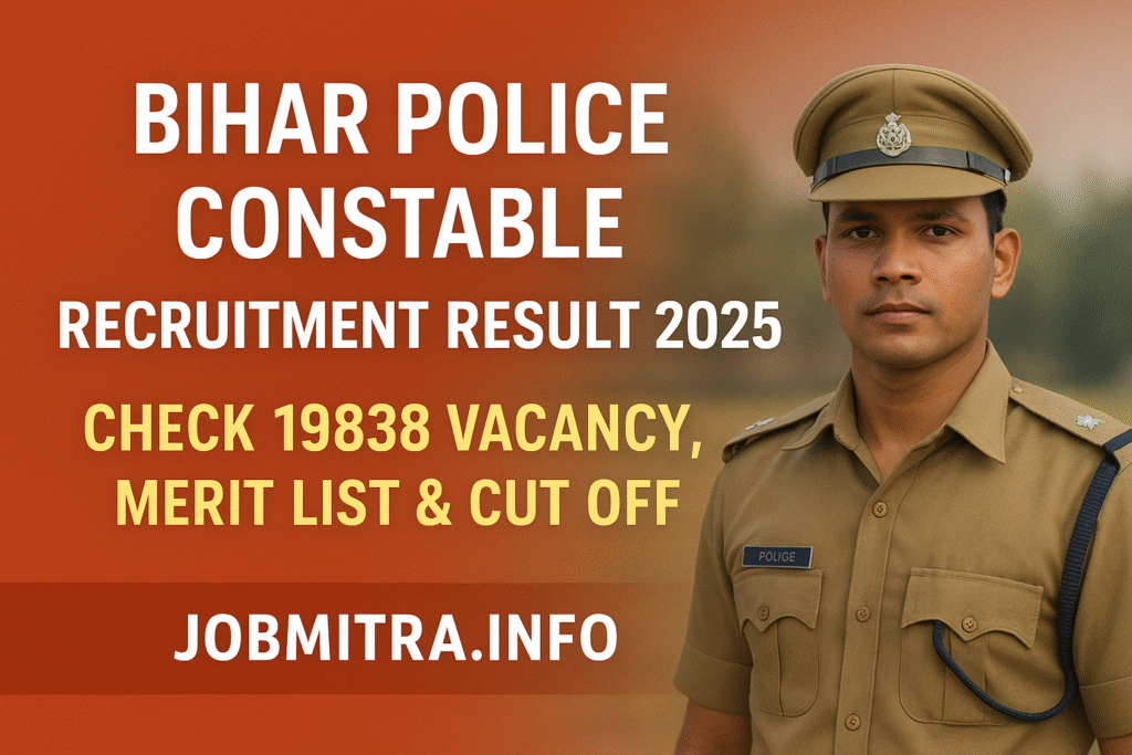 Bihar Police Constable Recruitment Result 2025 featured image showing a student holding books with the JobMitra.info logo and announcement design