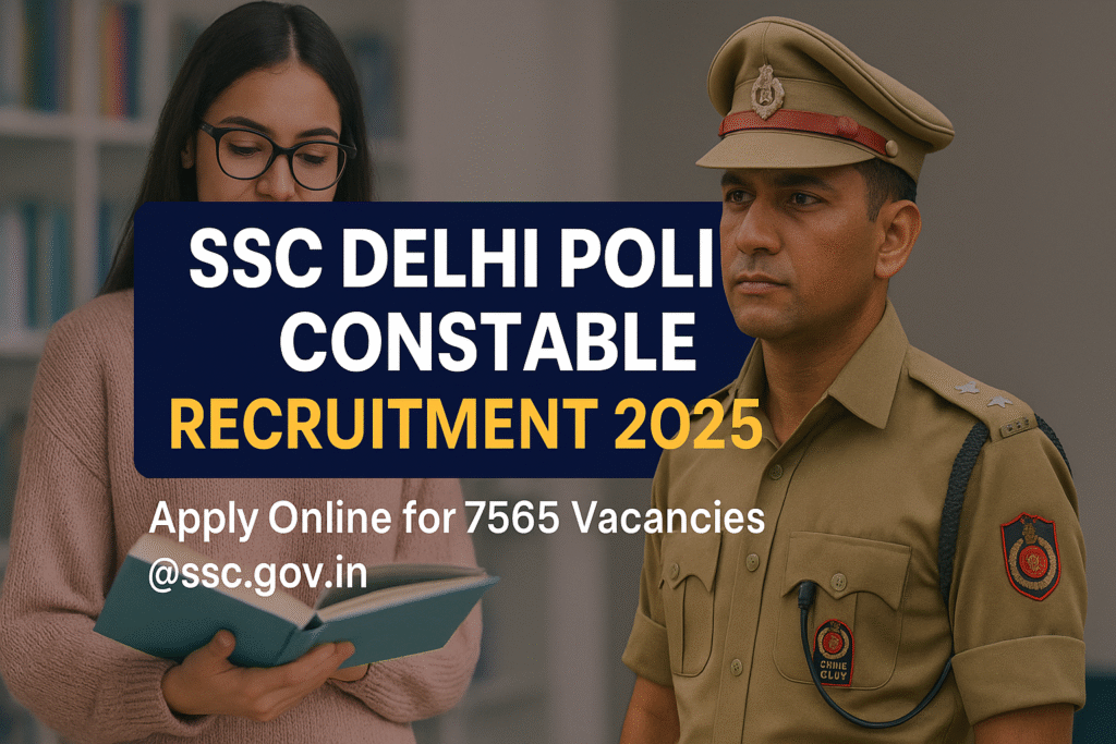 Female student reading a book beside a Delhi Police constable in uniform with text “SSC Delhi Police Constable Recruitment 2025 – Apply Online for 7565 Vacancies @ssc.gov.in.