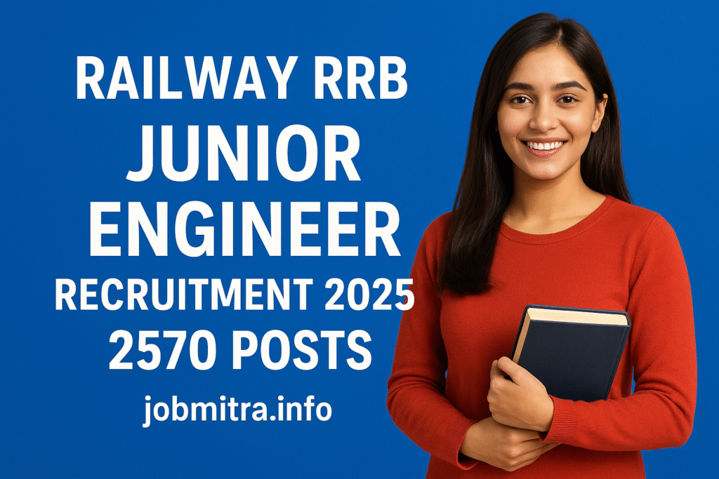 A smiling young woman holding a book with text showing Railway RRB Junior Engineer Recruitment 2025, 2570 Posts, and website name jobmitra.info on a blue background.