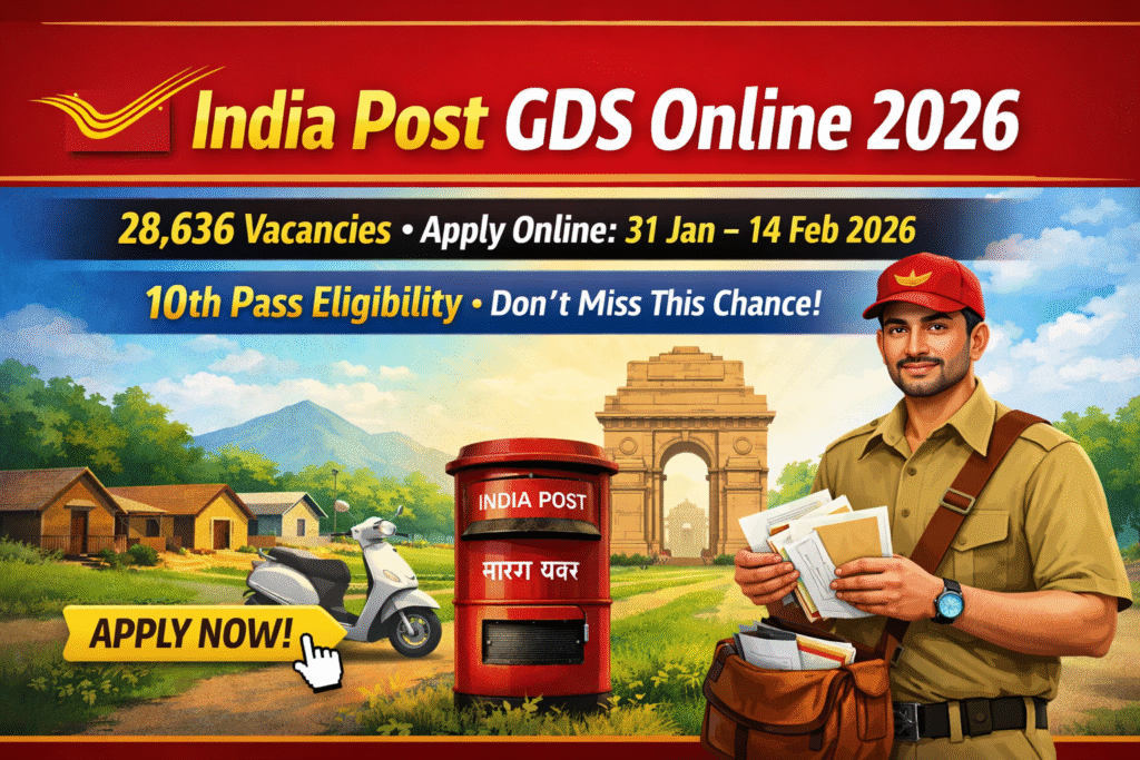 India Post GDS Online 2026 banner showing 28636 vacancies, application dates from 31 January to 14 February 2026, and 10th pass eligibility