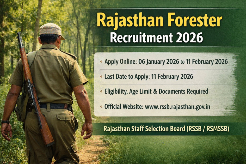 Rajasthan Forester Recruitment 2026 featured image showing forest guard with apply online details and dates