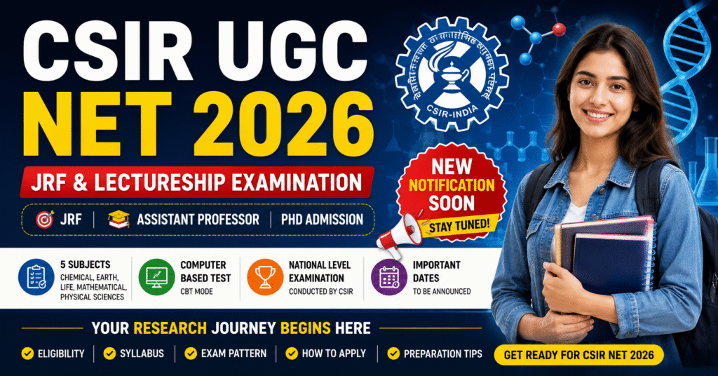 CSIR UGC NET 2026 banner for JRF and Lectureship examination with eligibility, syllabus, exam pattern, and apply online details