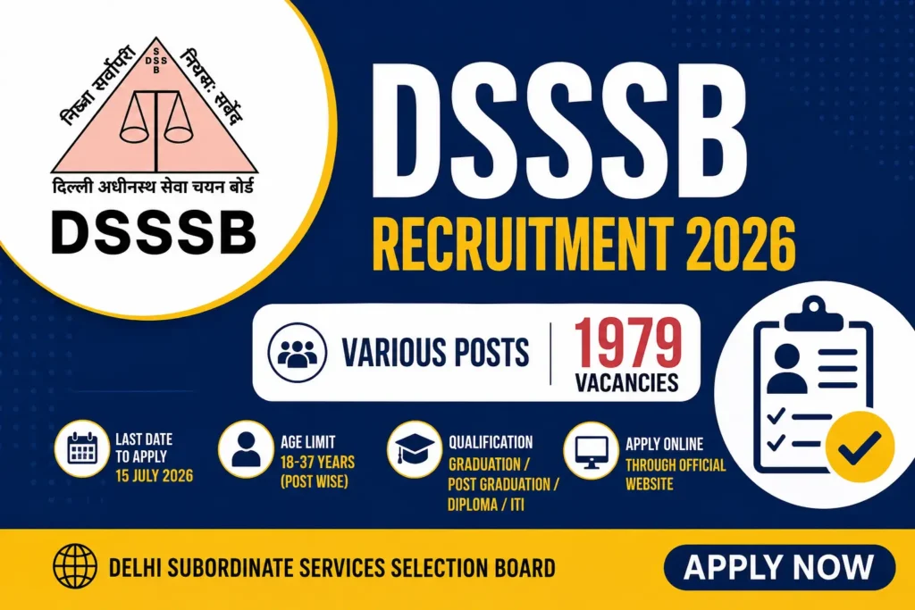 DSSSB Recruitment 2026 banner showing 1,979 vacancies for various posts, application deadline, age limit, and online application details.