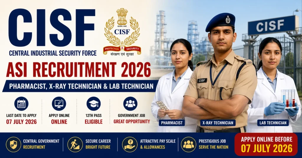 CISF ASI Recruitment 2026 for Pharmacist, X-Ray Technician and Lab Technician posts with online application details.
