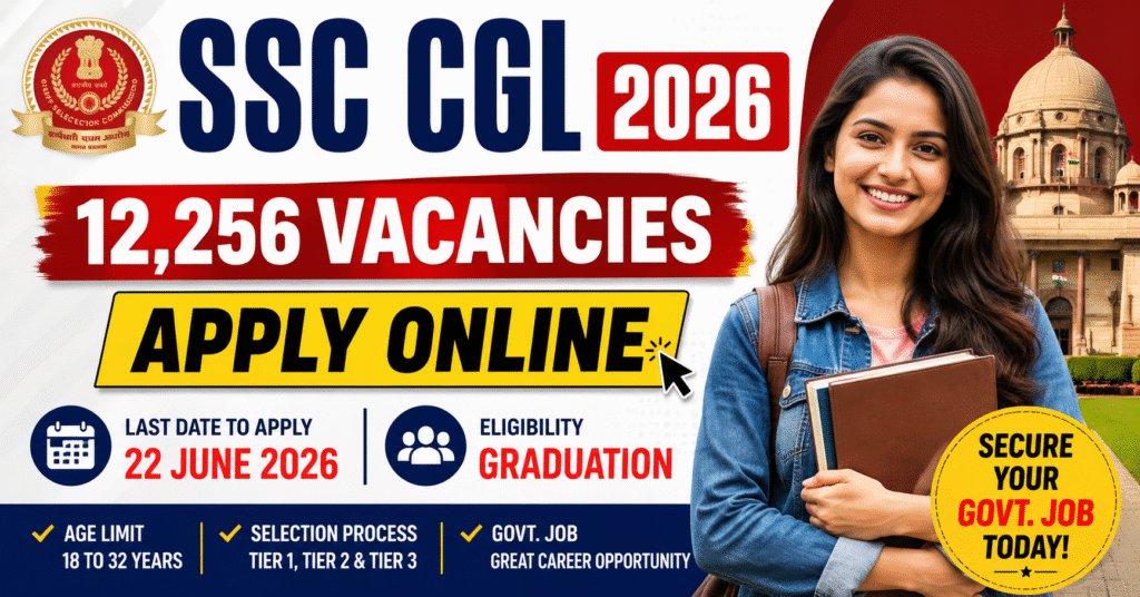 SSC CGL 2026 recruitment featured image showing apply online details, vacancies, age limit, and graduation eligibility.