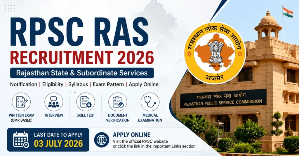 RPSC RAS Recruitment 2026 for 607 Rajasthan State Service and Subordinate Service posts with eligibility, age limit, and application details.