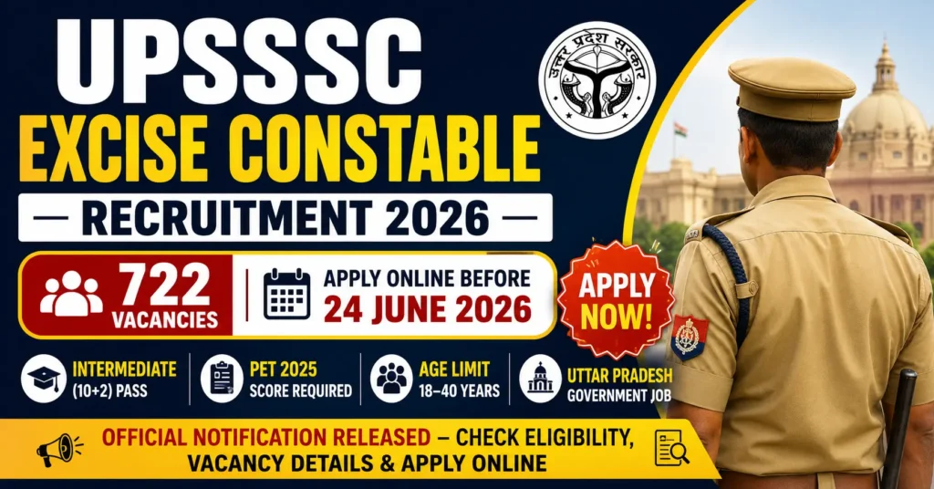 UPSSSC Excise Constable Recruitment 2026 notification for 722 vacancies apply online before 24 June 2026