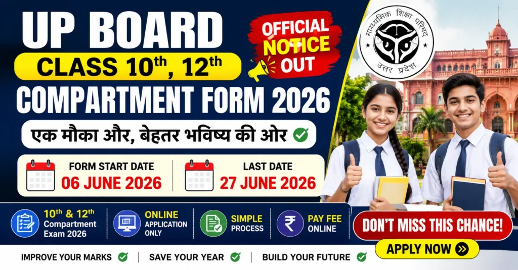 UP Board Compartment Form 2026 Apply Online for Class 10th & 12th, Last Date 27 June