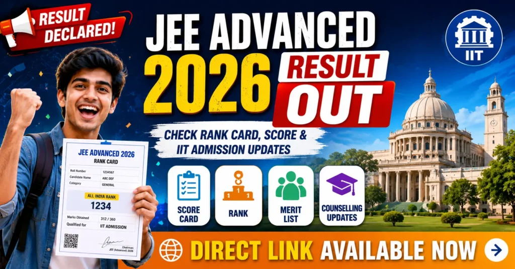 JEE Advanced 2026 Result Out featured image showing a successful student holding rank card with IIT admission updates.