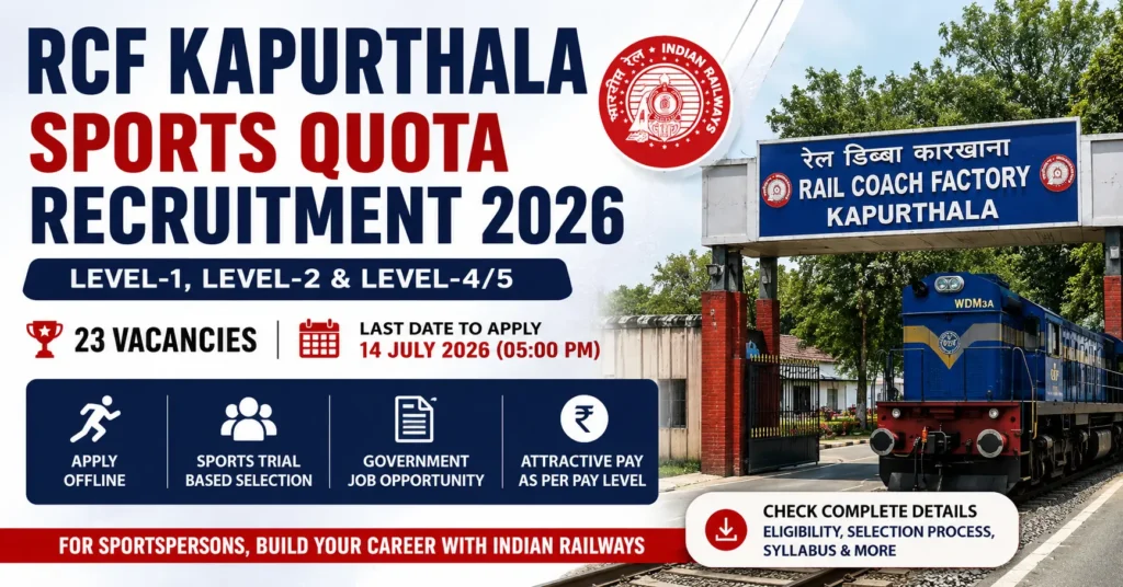 RCF Kapurthala Sports Quota Recruitment 2026 notification banner for 23 Sports Quota vacancies with offline application, eligibility, last date, and Railway job details.