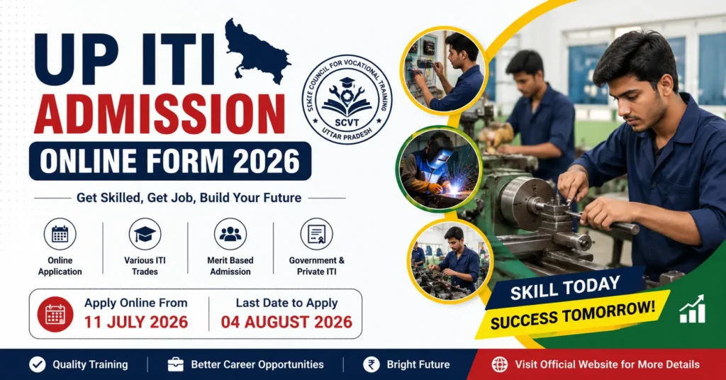UP ITI Admission Online Form 2026 featured image showing students in technical training with various ITI trades and online admission details.