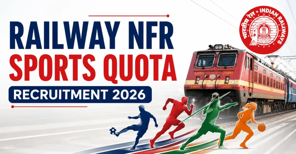 Railway NFR Sports Quota Recruitment 2026 with Indian Railways train and sports athletes illustration