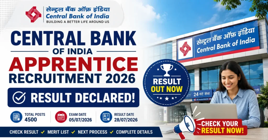 Central Bank Apprentice Result 2026 declared for 4500 posts – Check Central Bank of India Apprentice Result, Merit List and Next Process