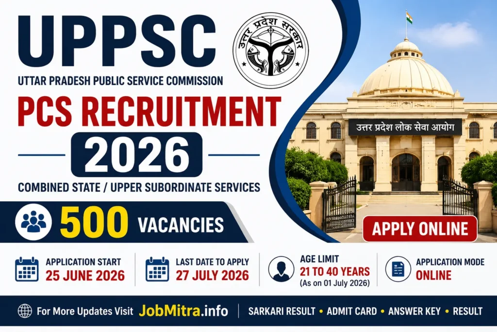 UPPSC PCS Recruitment 2026 featured image showing 500 vacancies, application dates, age limit, and apply online details