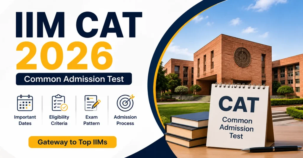 IIM CAT 2026 Common Admission Test featured image with IIM campus, CAT notebook, and admission banner