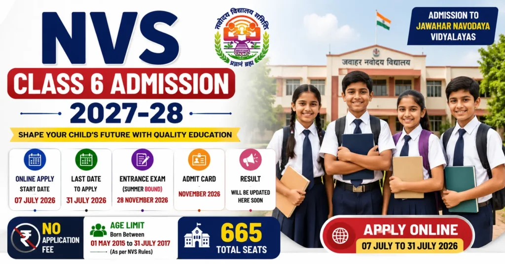 NVS Class 6 Admission 2027-28 featured image showing Jawahar Navodaya Vidyalaya students, school building, important dates, age limit, no application fee, and 665 total seats