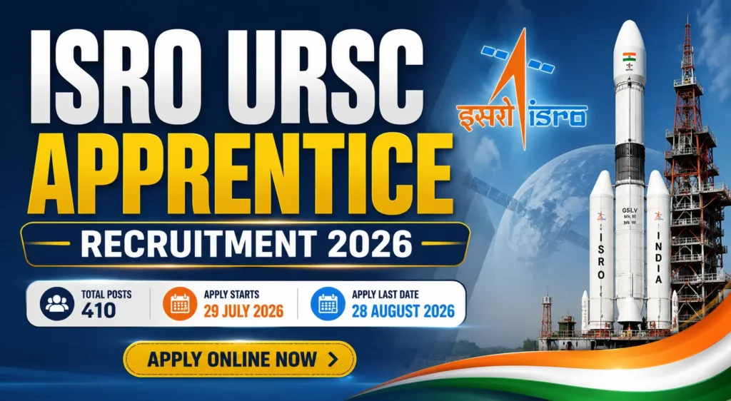 ISRO URSC Apprentice Recruitment 2026 featured image showing ISRO rocket launch, URSC campus, and 410 Graduate & Diploma Apprentice vacancies