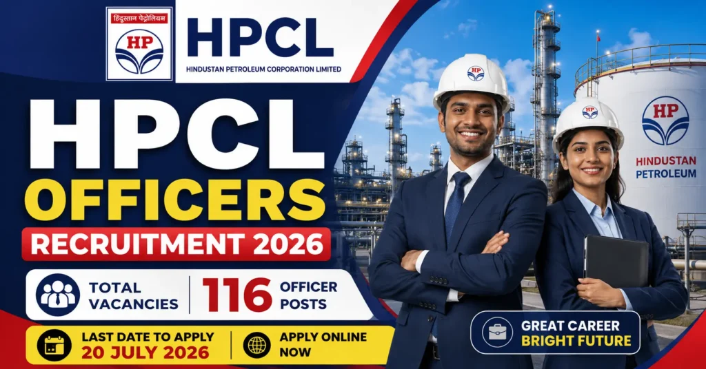 HPCL Officers Recruitment 2026 banner featuring 116 Officer vacancies with Apply Online notification.