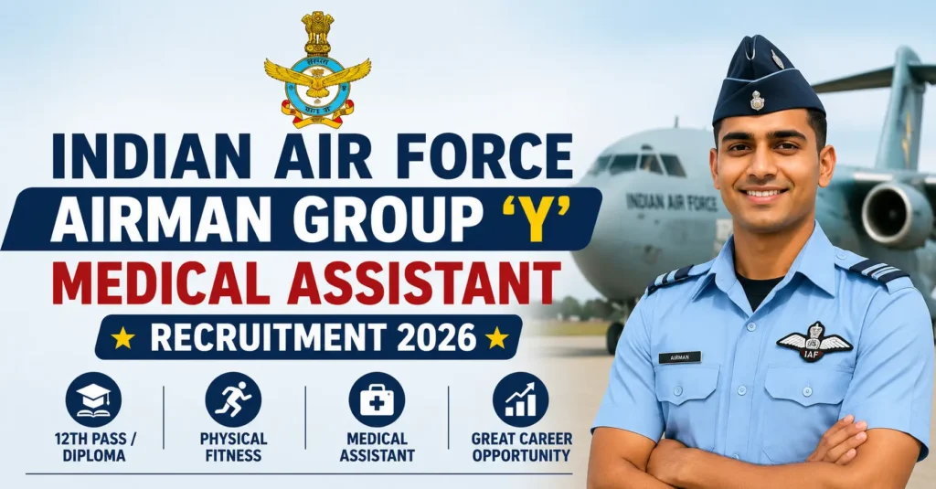 Air Force Airmen (Medical Assistant) Recruitment 2026 featured image with Indian Air Force officer and aircraft background.
