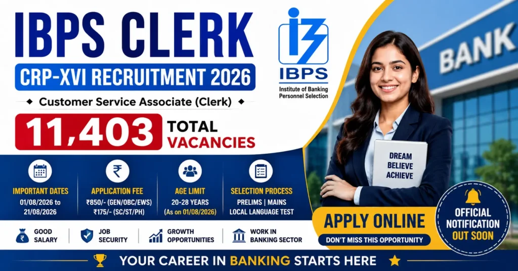 IBPS Clerk CRP-XVI Recruitment 2026 featured image showing 11,403 Customer Service Associate (Clerk) vacancies with online application dates, eligibility, and exam details.