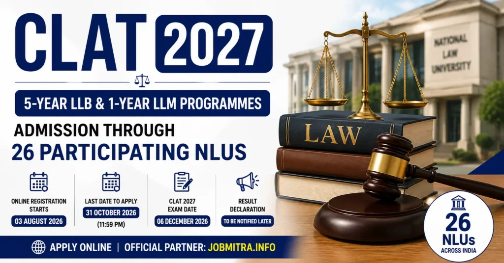 CLAT 2027 Admission featured image for 5-Year LLB & 1-Year LLM programmes in 26 National Law Universities (NLUs)