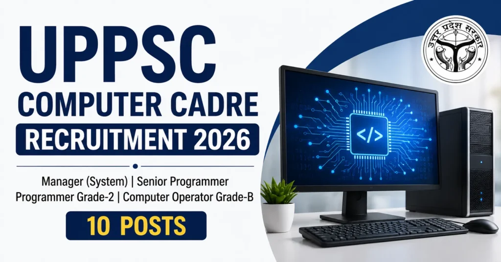 UPPSC Computer Cadre Recruitment 2026 featured image showing Manager (System), Senior Programmer, Programmer Grade-2, Computer Operator Grade-B and 10 posts.