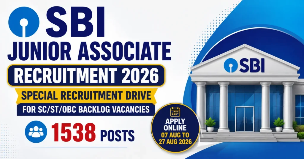 SBI Junior Associate Recruitment 2026 featured image showing 1538 backlog vacancies for SC, ST and OBC candidates